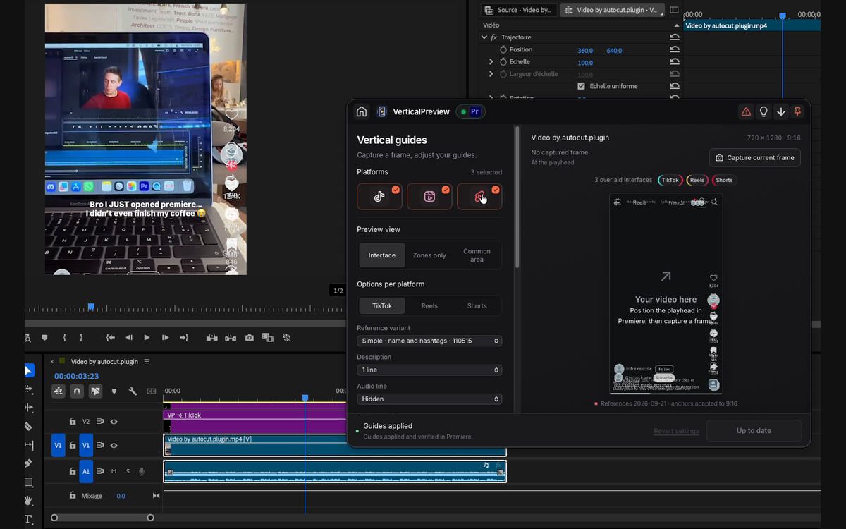 TikTok, Reels y Shorts seleccionados, con el estado Guides applied y los archivos de los guías visibles en Premiere Pro.