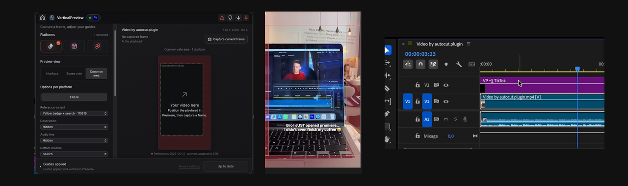 Ajustes de Vertical Preview, guía de área común superpuesta al vídeo en Premiere Pro y su pista dedicada en la línea de tiempo.