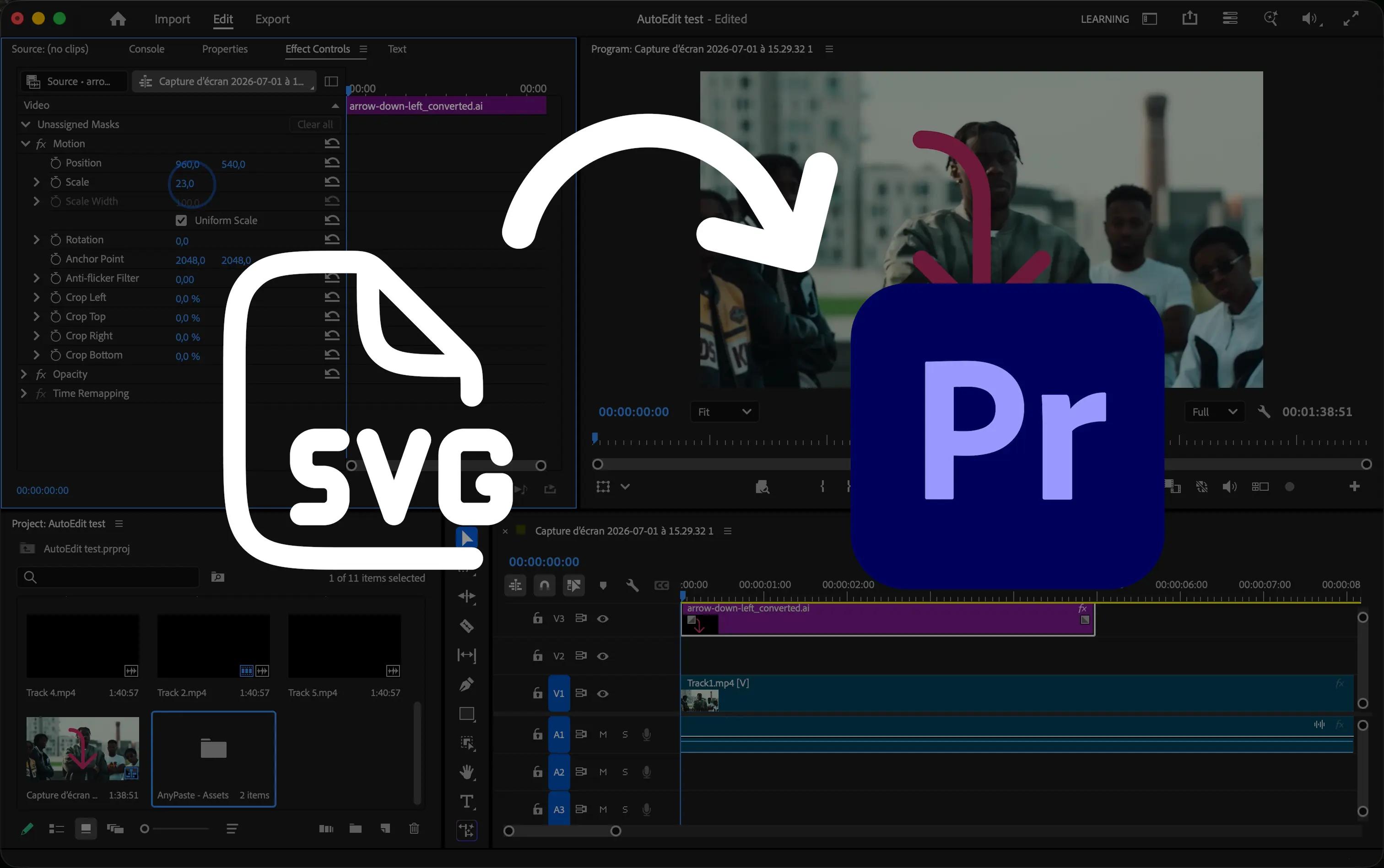 An SVG converted to an Adobe Illustrator file and pasted into a Premiere Pro timeline with AnyPaste.