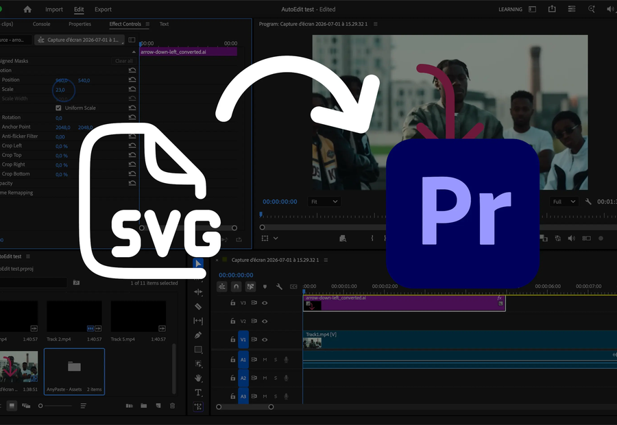 An SVG converted to an Adobe Illustrator file and pasted into a Premiere Pro timeline with AnyPaste.