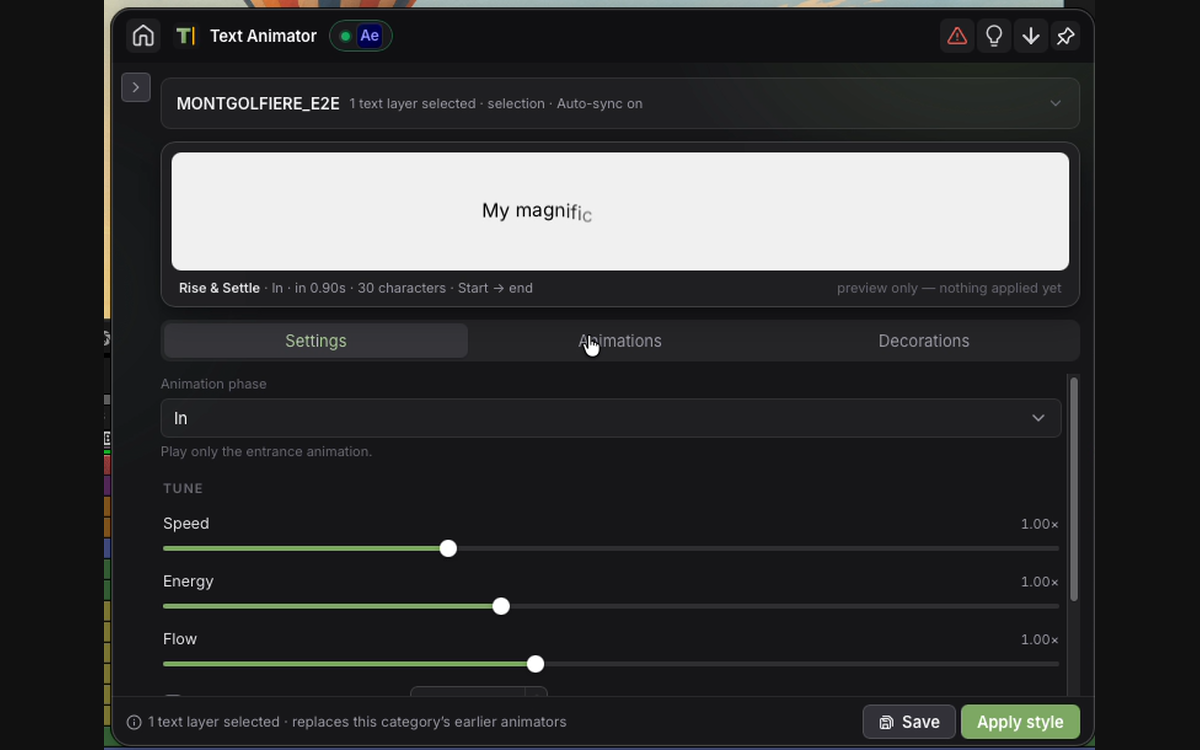 Settings-Tab in Text Animator mit Eingangsphase und den Reglern Speed, Energy und Flow.