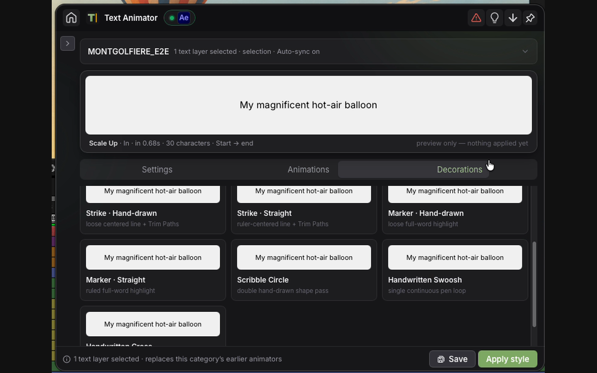 Animationskarten in Text Animator mit ausgewähltem Scale Up und sichtbarer Panel-Vorschau.