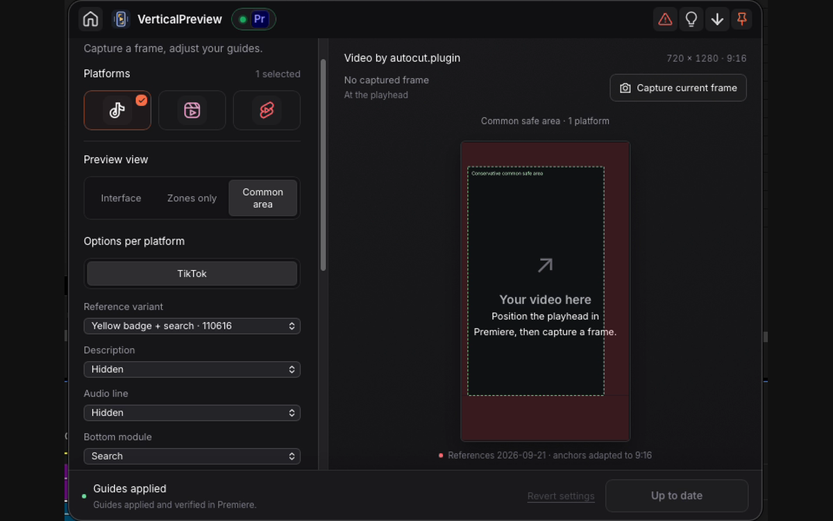 TikTok seleccionado en el modo Common area con el contorno de su área segura conservadora en Vertical Preview.